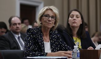 Education Secretary Betsy DeVos, left, joined by Education Department Budget Service Director Erica Navarro, testifies on Capitol Hill in Washington, Wednesday, May 24, 2017, before the House Appropriations Labor, Health and Human Services, Education, and Related Agencies subcommittee hearing on the Education Department&#x27;s fiscal 2018 budget. (AP Photo/Carolyn Kaster)