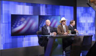FILE - In this April 29, 2017, file photo, three candidates, from left, Republican Greg Gianforte, Democrat Rob Quist and Libertarian Mark Wicks vying to fill Montana&#x27;s only congressional seat await the start of their only televised debate in Great Falls, Mont. Montana voters are heading to the polls Thursday, May 25, 2017, to decide a nationally watched congressional election amid uncertainty in Washington over President Donald Trump&#x27;s agenda and his handling of the country&#x27;s affairs. (AP Photo/Bobby Caina Calvan, file)