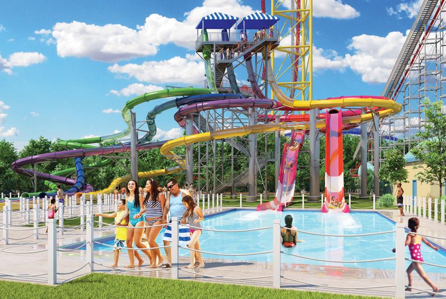 This undated image provided by Cedar Point in Sandusky, Ohio, shows an artist's rendering of Point Plummet, a six-story body slide that's part of a new 18-acre water park called Cedar Point Shores. The water park recalls Cedar Point's origins as a beach resort on Lake Erie's shores. It's one of a number of new attractions opening at theme parks around the U.S. this spring and summer. (Cedar Point via AP)