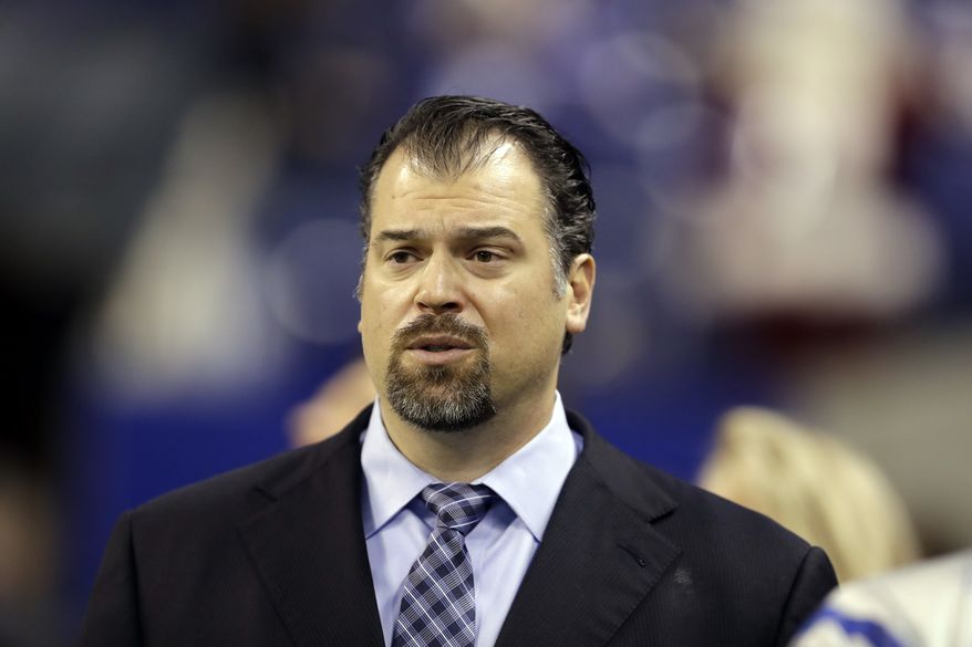 Indianapolis Colts general manager Ryan Grigson is seen before the start of an NFL football game between the Indianapolis Colts and the Houston Texans Sunday, Dec. 11, 2016, in Indianapolis. (AP Photo/Darron Cummings)