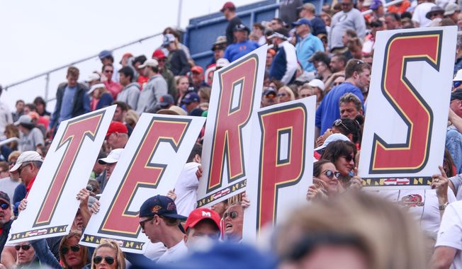 May 21, 2017 - Newark, DE, United States of America - Maryland fans seen holding a sign spelling TERPS at Delaware Stadium in Newark, Delaware. (Cal Sport Media via AP Images) **FILE**