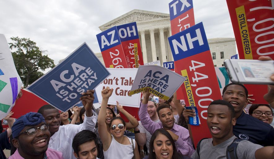 FILE - In this June 25, 2015 file photo, participants take part in a health care rally outside of the Supreme Court in Washington. A growing number of Americans age 40 and older think Medicare should cover the costs of long-term care for older adults, according to a poll conducted by the Associated Press-NORC Center for Public Affairs Research. (AP Photo/Jacquelyn Martin, File)