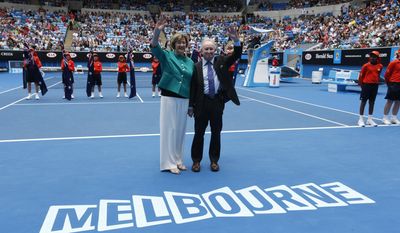 In this Jan. 26, 2015 photo, Australian tennis greats Margaret Court, left, and Rod Laver wave during the official launch of the remodeled Margaret Court Arena at the Australian Open tennis championship in Melbourne. Former tennis great and now Christian pastor Court says she will stop using Qantas “where possible” in protest over the Australian airline&#39;s promotion of same-sex marriage. “I am disappointed that Qantas has become an active promoter for same-sex marriage,&amp;quot; Perth resident Court said in the letter published Thursday, May 25, 2017, in The West Australian newspaper. (AP Photo/Vincent Thian)