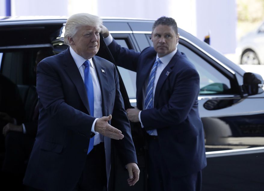 US President Donald Trump arrives to meet NATO Secretary General Jens Stoltenberg during a NATO summit of heads of state and government in Brussels on Thursday, May 25, 2017. US President Donald Trump and other NATO heads of state and government on Thursday will inaugurate the new headquarters as well as participating in an official working dinner. (AP Photo/Matt Dunham)