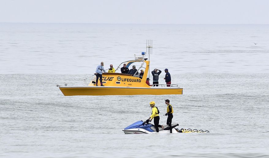 Lifeguards and researchers search for sharks to tag in the water off North Beach in San Clemente, Calif., on Wednesday, May 24, 2017. (Jeff Gritchen/The Orange County Register via AP)