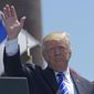 In this photo taken May 17, 2017, President Donald Trump waves after giving the commencement address at the U.S. Coast Guard Academy in New London, Conn. (AP Photo/Susan Walsh) ** FILE **
