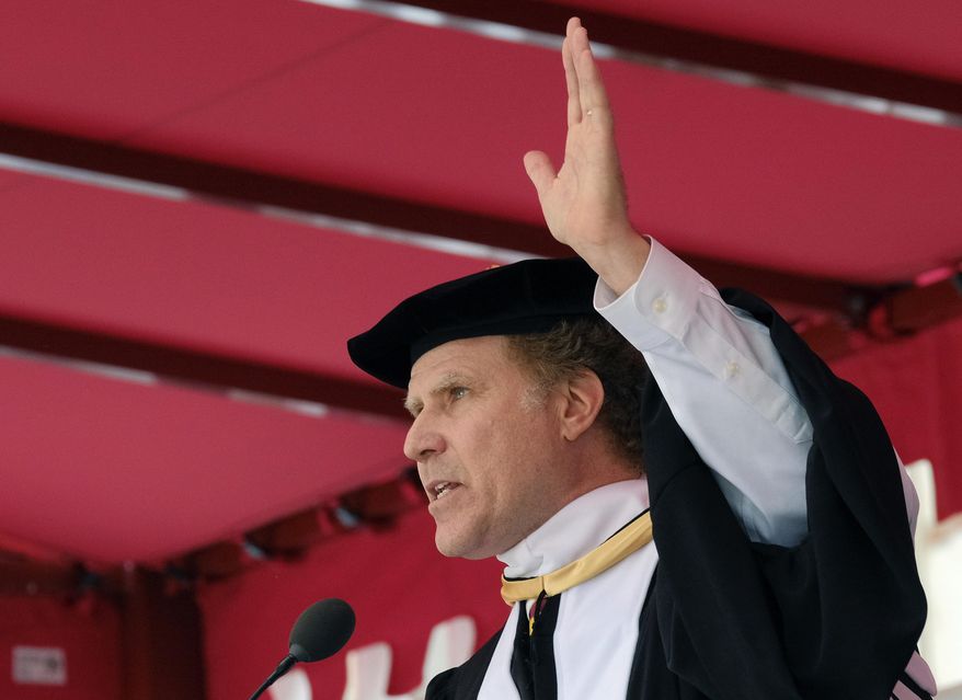 FILE - In thisMay 12, 2017 file photo, actor Will Ferrell gestures as he speaks at the University of Southern California's Class of 2017 commencement ceremony in Los Angeles. Oprah Winfrey told students to live with purpose. President Donald Trump said to ignore the naysayers. Will Ferrell sang some Whitney Houston. Those are a few of the speakers who have taken the stage at college graduation ceremonies this month to share their wisdom, joining a wide range of others in entertainment, politics and business. In their efforts to inspire the Class of 2017, they’ve elicited both laughter and tears and, in some cases, jeers. (AP Photo/Richard Vogel, File)