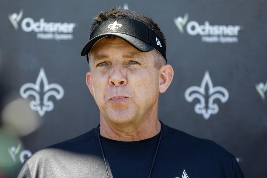 New Orleans Saints head coach Sean Payton speaks to the media following NFL football practice in Metairie, La., Thursday, May 25, 2017. (AP Photo/Derick E. Hingle)