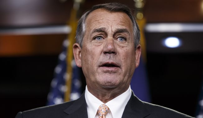 In this photo taken Feb. 26, 2015, then House Speaker John Boehner speaks on Capitol Hill in Washington. Boehner says that aside from international affairs and foreign policy, President Donald Trump’s time in office has been a “complete disaster.”  (AP Photo/J. Scott Applewhite)