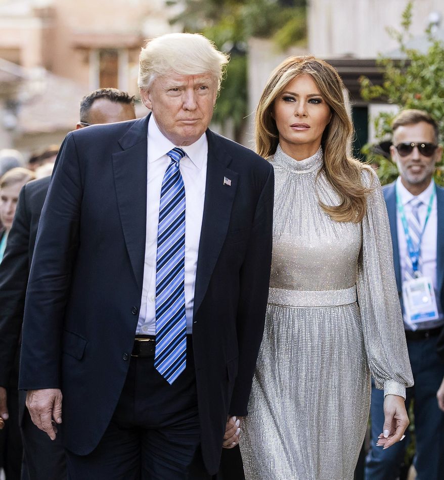 U.S. President Donald Trump an First Lady Melania arrive a concert in the Ancient Theatre of Taormina ( 3rd century BC) in the Sicilian citadel of Taormina, Italy, Friday, May 26, 2017. Leaders of the G7 meet Friday and Saturday, including newcomers Emmanuel Macron of France and Theresa May of Britain in an effort to forge a new dynamic after a year of global political turmoil amid a rise in nationalism. (Angelo Carconi/ANSA via AP)