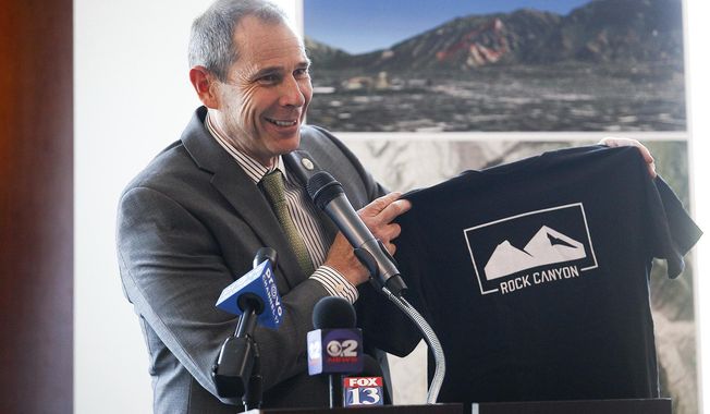 FILE - In this April 29, 2014, file photo, Provo Mayor John Curtis speaks during a news conference in Provo, Utah. State Sen. Deidre Henderson and Curtis lead a packed field of candidates squaring off for the open congressional seat soon-to-be vacated by U.S. Rep. Jason Chaffetz. A total of 10 Republicans and three Democrats had filed to run by Friday, May 26, 2017, eight days after Chaffetz announced he would resign from Congress. (Spenser Heaps/The Daily Herald via AP, File)