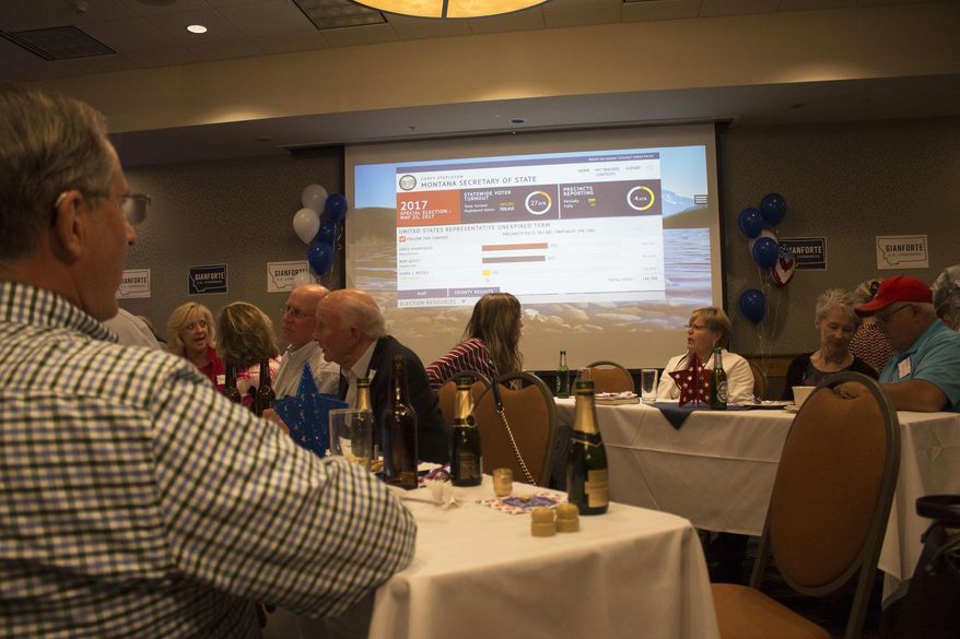 Supporters of Republican congressional candidate Greg Gianforte await returns on election night in a ballroom of a hotel in Bozeman, Mont., Thursday, May 25, 2017. Gianforte is seeking to become Montana's sole member in the U.S. House. (AP Photo/Bobby Caina Calvan)