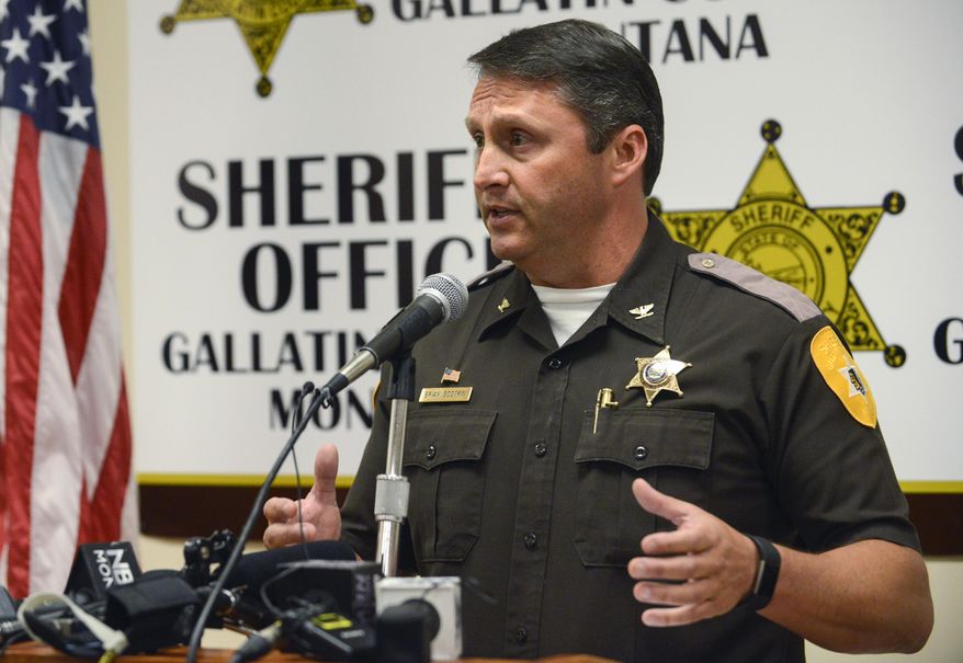 Gallatin County Sheriff Brian Gootkin answers questions Thursday, May 25, 2017, at a Bozeman, Mont., press conference about Montana congressional candidate Greg Gianforte's misdemeanor assault charge for attacking a reporter on Wednesday. (Rachel Leathe /Bozeman Daily Chronicle via AP)