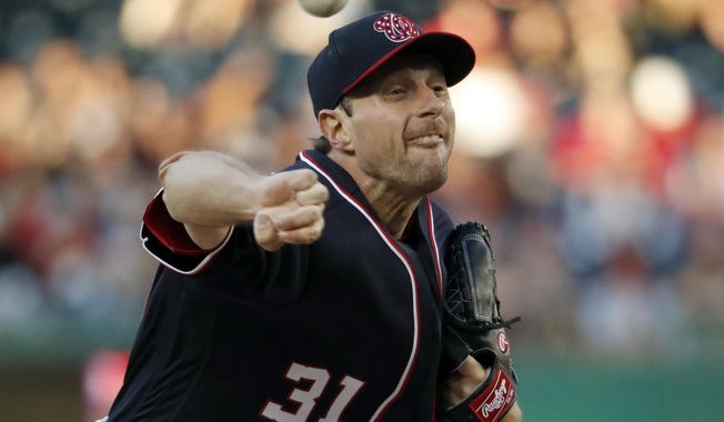 Washington Nationals starting pitcher Max Scherzer throws during the third inning of a baseball game against the San Diego Padres at Nationals Park, Friday, May 26, 2017, in Washington. (AP Photo/Alex Brandon)