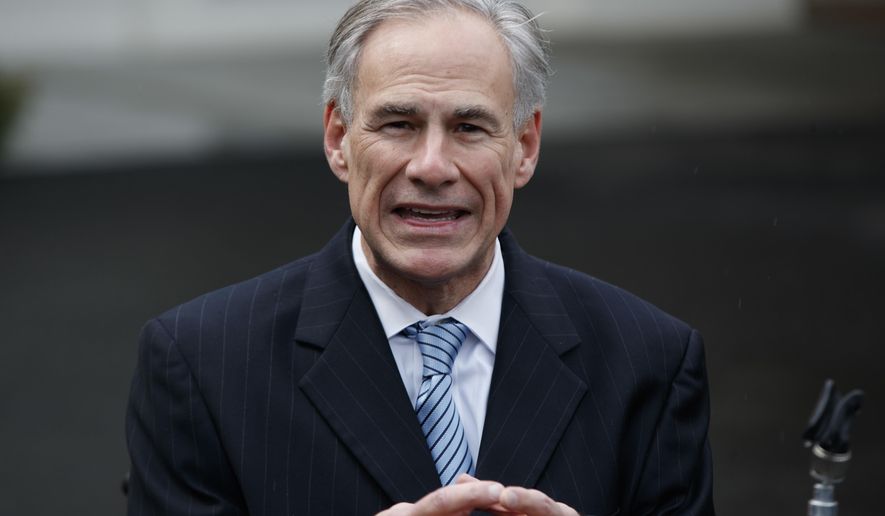 FILE - In this March 24, 2017, file photo, Texas Gov. Greg Abbott talks to reporters outside the White House in Washington. A proposed Texas "bathroom bill" targeting transgender people neared collapse Friday, May 26, 2017, over a deadlock. Republican Lt. Gov. Dan Patrick said he is resolved to force a special session if a North Carolina-style law that could restrict bathroom access for transgender people doesn't prevail — but Abbott made clear later that he was calling the shots. (AP Photo/Evan Vucci, File)