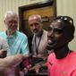 Olympic gold medalist Mo Farah speaks to reporters Friday, May 26, 2017, in advance of the Prefontaine Classic track meet in Eugene, Ore. Farah plans to run in the 5,000 meters. (AP Photo/Anne M. Peterson)