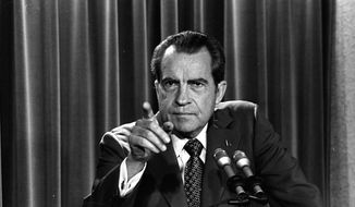 President Nixon tells a White House news conference that he will not allow his legal counsel, John Dean to testify on Capitol Hill in the Watergate investigation and challenged the Senate to test him in the Supreme Court. (AP Photo/Charles Tasnadi, File)