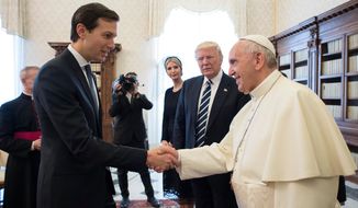 Jared Kushner, senior advisor of President Donald Trump, shakes hands with Pope Francis, at the Vatican, Wednesday, May 24, 2017. (L&#39;Osservatore Romano/Pool Photo via AP)