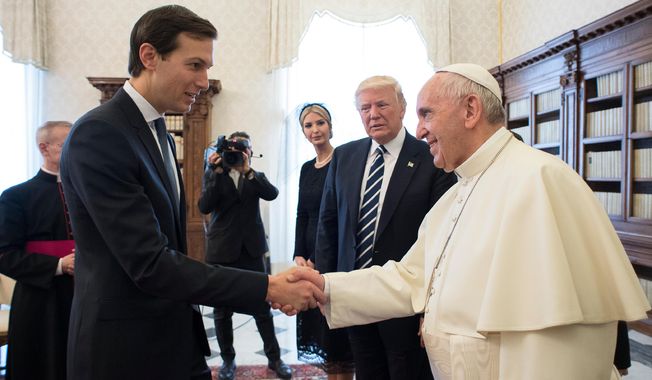 Jared Kushner, senior advisor of President Donald Trump, shakes hands with Pope Francis, at the Vatican, Wednesday, May 24, 2017. (L&#x27;Osservatore Romano/Pool Photo via AP)