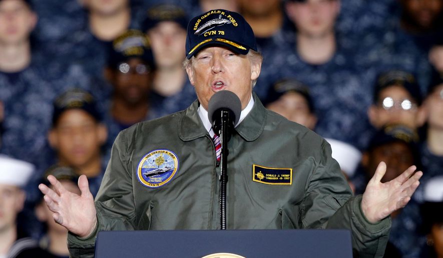 President Trump aboard an aircraft carrier in Norfolk, Virginia, addressing U.S. Navy personnel and shipyard workers. (AP Photo) ** FILE **