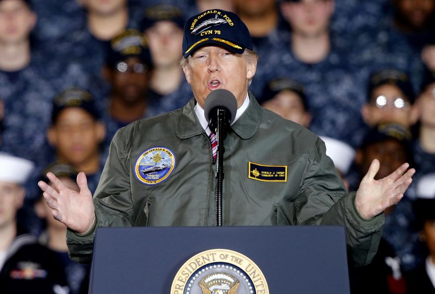 President Trump aboard an aircraft carrier in Norfolk, Virginia, addressing U.S. Navy personnel and shipyard workers. (AP Photo) ** FILE **