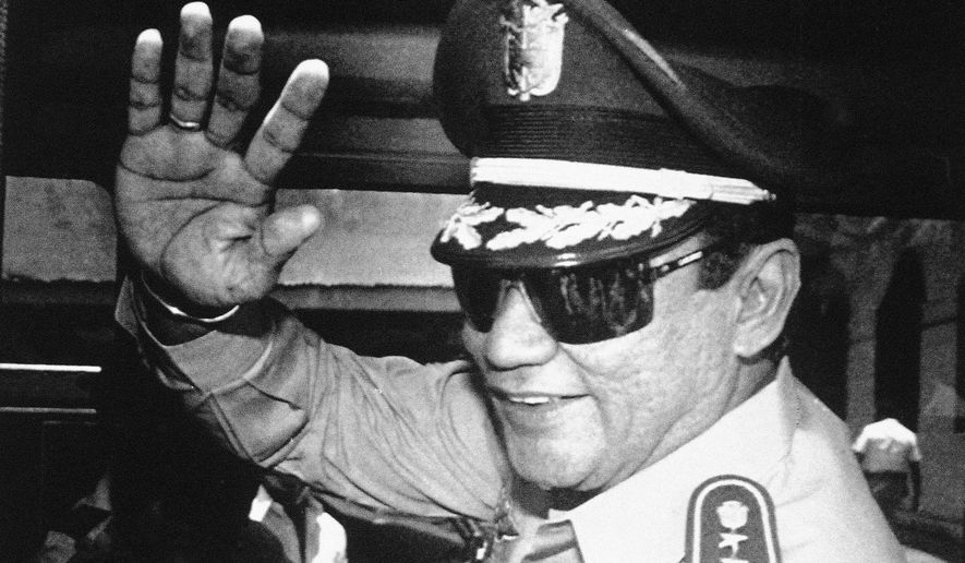 FILE - In this Aug. 31, 1989 file photo, Gen. Manuel Antonio Noriega waves to the press after a state council meeting at the presidential palace in Panama City, where the new president was announced. Panama&#39;s ex-dictator Noriega died Monday, May 29, 2017 in a hospital in Panama City. He was 83. (AP Photo/Matias Recart, File)