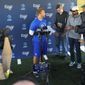 Los Angeles Rams head coach Sean McVay talks with reporters following an NFL football practice, Tuesday, May 30, 2017, in Thousand Oaks, Calif. (AP Photo/Mark J. Terrill)