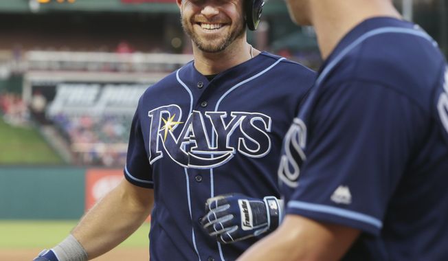 Tampa Bay Rays Evan Longoria, left, smiles after hitting a sacrifice fly scoring teammate Corey Dickerson, right, during the third inning of a baseball game against the Texas Rangers in Arlington, Texas, Tuesday, May 30, 2017. (AP Photo/LM Otero)
