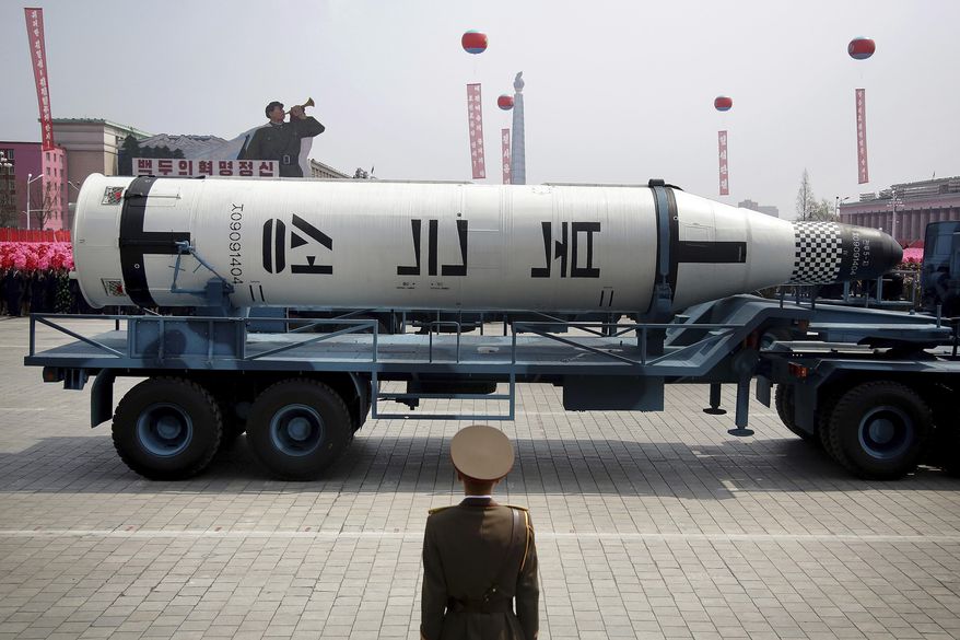 FILE - In this April 15, 2017, file photo, a submarine-launched "Pukguksong" missile are displayed in Kim Il Sung Square in Pyongyang, North Korea. The message of the parade is clear: North Korea is, or is near to being, able to launch a pre-emptive strike against a regional target. It is preparing to withstand a retaliatory follow-up attack if it does, and it is building the arsenal it needs to then launch a second wave of strikes, this time at the U.S. mainland. (AP Photo/Wong Maye-E, File)