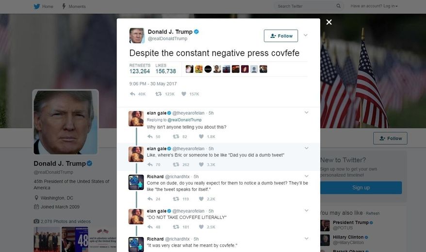 This screen grab shows a tweet from President Donald Trump which has social media trying to find a meaning in the mysterious term “covfefe.” Trump tweeted just after midnight Eastern time on Wednesday, May 31, 2017: “Despite the constant negative press covfefe.” The tweet immediately went viral and became one of the president’s more popular posts before it was taken down after nearly six hours online. Trump poked fun at the typo, tweeting, “Who can figure out the true meaning of &amp;quot;covfefe&amp;quot; ??? Enjoy!” (AP Photo)