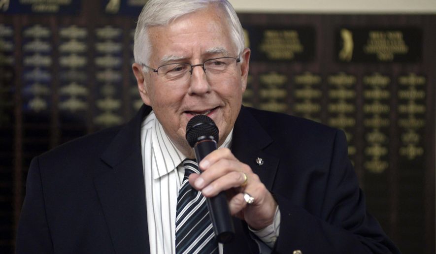 FILE - In this Nov. 4, 2014, file photo, Sen. Mike Enzi, R-Wyo. speaks at the Bell Nob Golf Course Clubhouse in Gillette, Wyo., after winning re-election. Enzi has been released from the hospital after undergoing emergency gallbladder surgery over the weekend. (AP Photo/Tim Goessman, File)