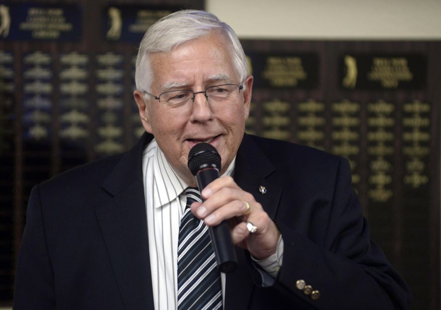 FILE - In this Nov. 4, 2014, file photo, Sen. Mike Enzi, R-Wyo. speaks at the Bell Nob Golf Course Clubhouse in Gillette, Wyo., after winning re-election. Enzi has been released from the hospital after undergoing emergency gallbladder surgery over the weekend. (AP Photo/Tim Goessman, File)