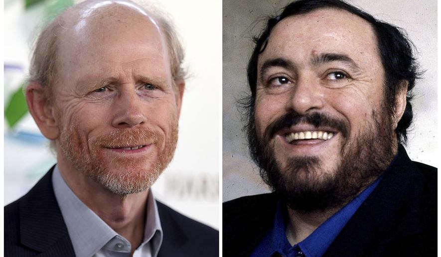This combination photo shows director Ron Howard at the Kaleidoscope 5: LIGHT event in Culver City, Calif., on May 6, 2017, left, and opera singer Luciano Pavarotti. Howard's production company announced Thursday, June 1, 2017, that the Oscar-winning director's next project would be a documentary on famed Italian tenor Luciano Pavarotti. (AP Photo/File)