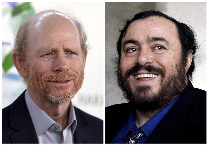 This combination photo shows director Ron Howard at the Kaleidoscope 5: LIGHT event in Culver City, Calif., on May 6, 2017, left, and opera singer Luciano Pavarotti. Howard's production company announced Thursday, June 1, 2017, that the Oscar-winning director's next project would be a documentary on famed Italian tenor Luciano Pavarotti. (AP Photo/File)