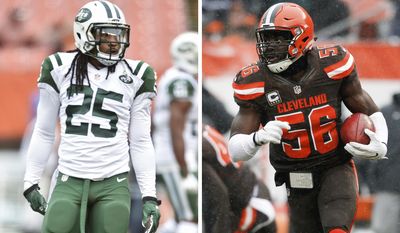 FILE - At left, in an Oct. 30, 2016, file photo,  New York Jets strong safety Calvin Pryor practices before an NFL football game against the Cleveland Browns, in Cleveland. At right, in a Dec. 11, 2016, file photo, Cleveland Browns inside linebacker Demario Davis (56) returns a blocked extra point against the Cincinnati Bengals in the first half of an NFL football game, in Cleveland. Linebacker Demario Davis is on his way back to the New York Jets after the Cleveland Browns traded him for safety Calvin Pryor. (AP Photo/File)