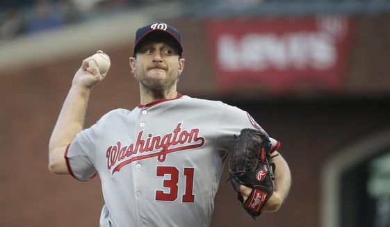 Washington Nationals starting pitcher Max Scherzer works in the first inning of a baseball game against the San Francisco Giants on Wednesday, May 31, 2017, in San Francisco. (AP Photo/Eric Risberg)