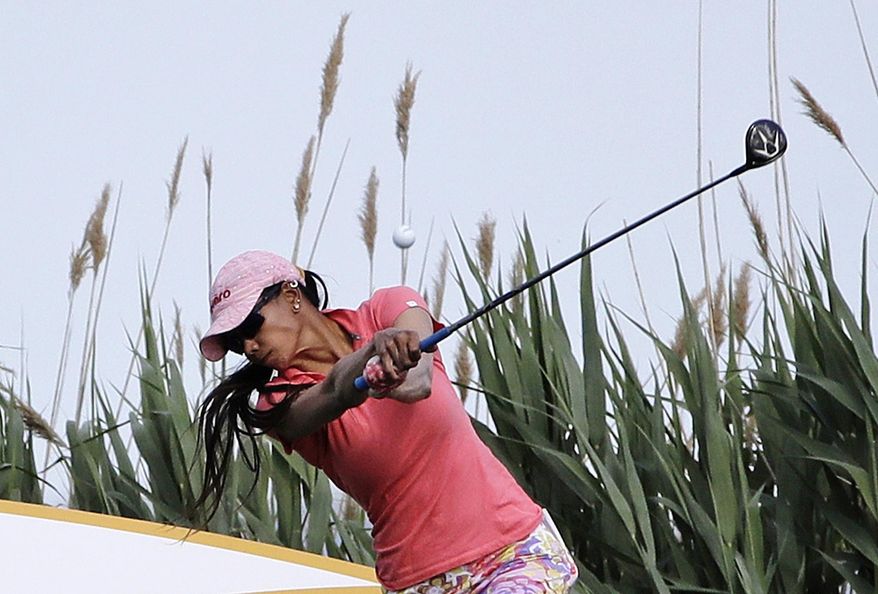 Sharmila Nicollet, of India, tees off on the seventh hole of the ShopRite LPGA Classic golf tournament Friday, June 2, 2017, in Galloway Township, N.J. (AP Photo/Frank Franklin II)