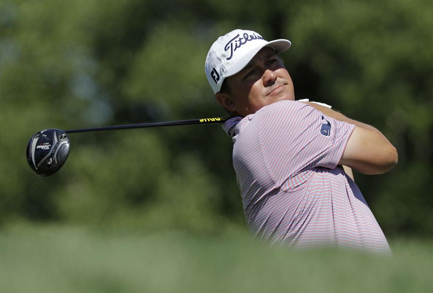 Jason Dufner tees off on the 18th hole during the second round of the Memorial golf tournament, Friday, June 2, 2017, in Dublin, Ohio. (AP Photo/Darron Cummings)