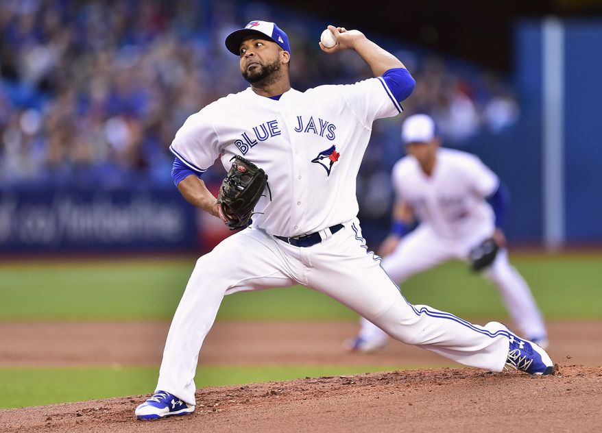 Toronto Blue Jays starting pitcher Francisco Liriano (45) throws against the New York Yankees during the first inning of a baseball game Friday, June 2, 2017, in Toronto. (Frank Gunn/The Canadian Press via AP)