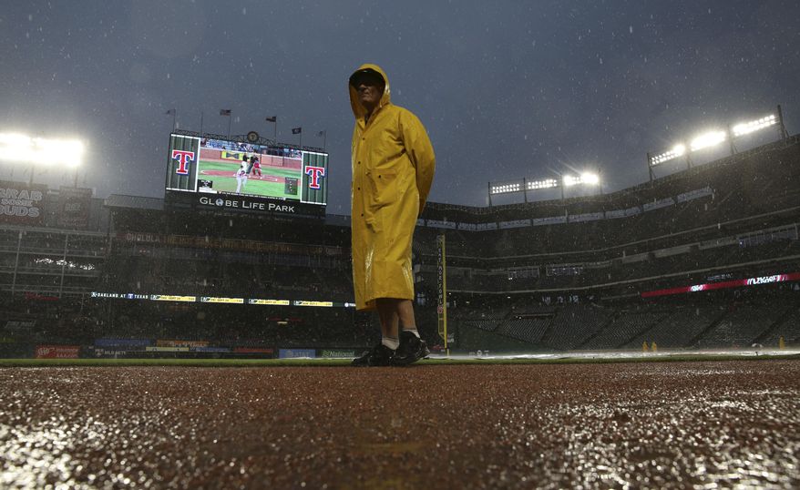 Rain falls causing a delay to a baseball game between the Houston Astros and Texas Rangers in Arlington, Texas, Friday, June 2, 2017. (AP Photo/LM Otero)