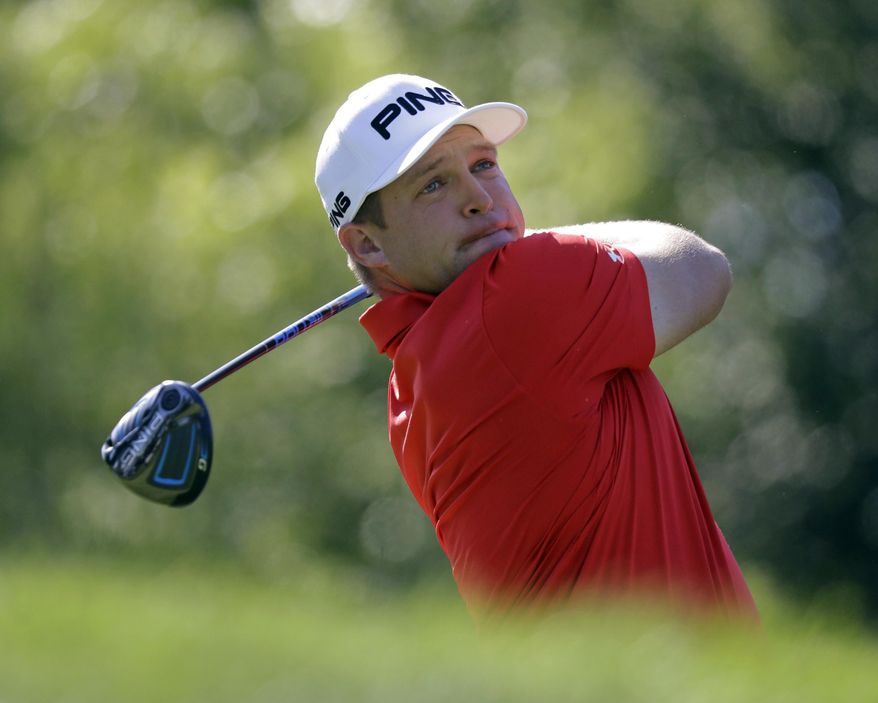 Daniel Summerhays tees off on the 18th hole during the second round of the Memorial golf tournament, Friday, June 2, 2017, in Dublin, Ohio. (AP Photo/Darron Cummings)