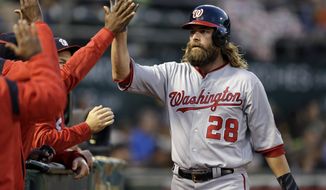 Washington Nationals&#39; Jayson Werth (28) is congratulated after scoring against the Oakland Athletics in the fourth inning of a baseball game Friday, June 2, 2017, in Oakland, Calif. Werth scored on a single by Nationals&#39; Ryan Zimmerman. (AP Photo/Ben Margot)