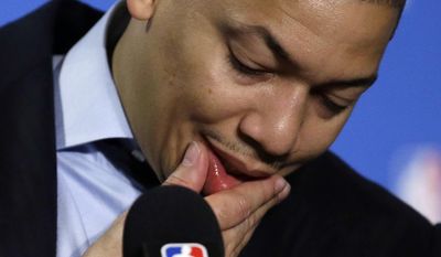 Cleveland Cavaliers head coach Tyronn Lue answers questions during a press conference after Game 1 of basketball&#39;s NBA Finals Thursday, June 1, 2017, in Oakland, Calif. (AP Photo/Ben Margot)