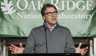 FILE - In this May 22, 2017 file photo, Energy Secretary Rick Perry speaks at Oak Ridge National Laboratory&#x27;s Manufacturing Demonstration Facility in Knoxville, Tenn. Since becoming President Donald Trump’s energy secretary, Perry has kept a low profile and rarely has been seen publicly around Washington.  (AP Photo/Erik Schelzig, File)