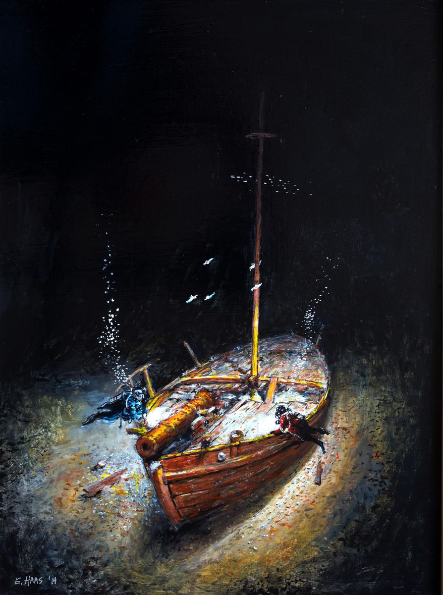 This image of a painting by Ernie Haas provided by the Lake Champlain Maritime Museum shows an artist's rendition of divers hovering over the Revolutionary War gunboat "Spitfire" on the bottom of Vermont's Lake Champlain. The Vermont museum wants to raise the Revolutionary War gunboat where it has rested since shortly after the 1776 Battle of Valcour Island, preserve it and then display it in a yet-to-be built New York museum. (Ernie Haas/Lake Champlain Maritime Museum via AP)