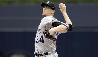 Colorado Rockies starting pitcher Jeff Hoffman delivers to a San Diego Padres batter during the first inning of a baseball game Sunday, June 4, 2017, in San Diego. (AP Photo/Gregory Bull)