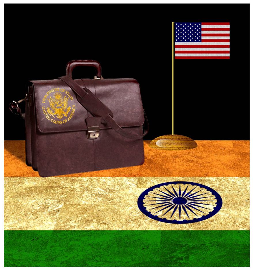 Illustration on the next U.S. ambassador to India by Alexander Hunter/The Washington Times
