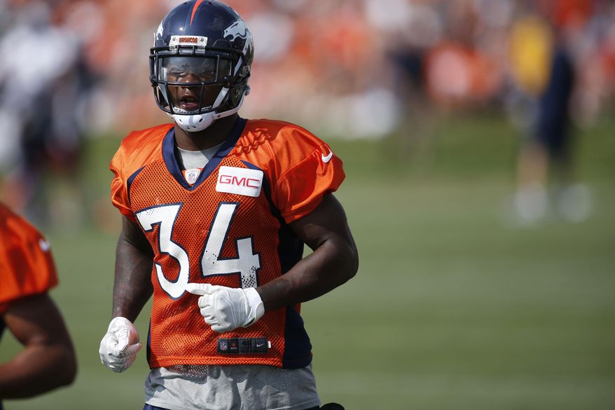 FILE--In this Friday, July 29, 2016, file photograph, Denver Broncos safety Will Parks takes part in drills during the team's NFL football training camp in Englewood, Colo. Parks, the Broncos backup safety, said on Monday, June 5, 2017, that he meant no harm toward quarterback Paxton Lynch when Parks used Snapchat to show two video clips last week of Lynch throwing incomplete passes during minicamp. (AP Photo/David Zalubowski, file)