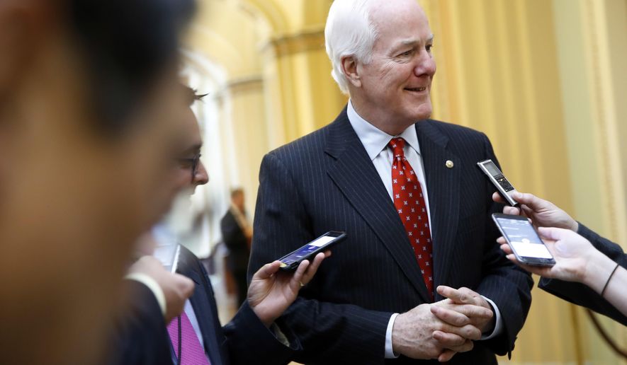 FILE - In this May 10, 2017, file photo, Senate Majority Whip John Cornyn of Texas, talks with reporters on Capitol Hill in Washington. Senate GOP leaders plan to vote as soon as this month on major health care legislation even though they remain uncertain, for now, whether their still-unwritten bill will pass, lawmakers said June 5. “We’ve been talking about this for seven years, so now is the time to start coming up with some tangible alternatives and building consensus,” Cornyn said. (AP Photo/Jacquelyn Martin, File)