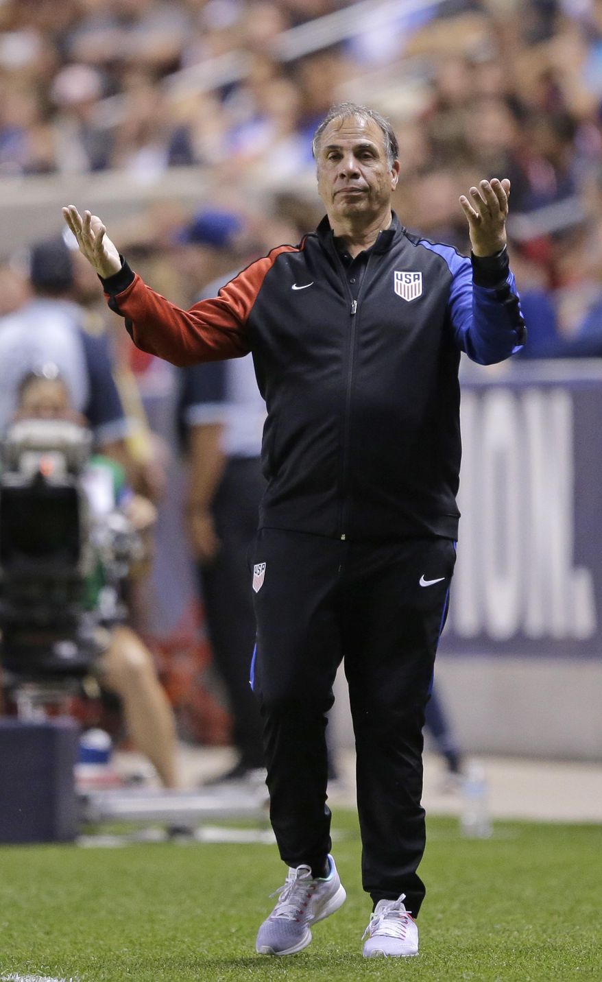 U.S. coach Bruce Arena reacts on the sideline during the second half of the team's international friendly soccer match against Venezuela on Saturday, June 3, 2017, in Sandy, Utah. (AP Photo/Rick Bowmer)
